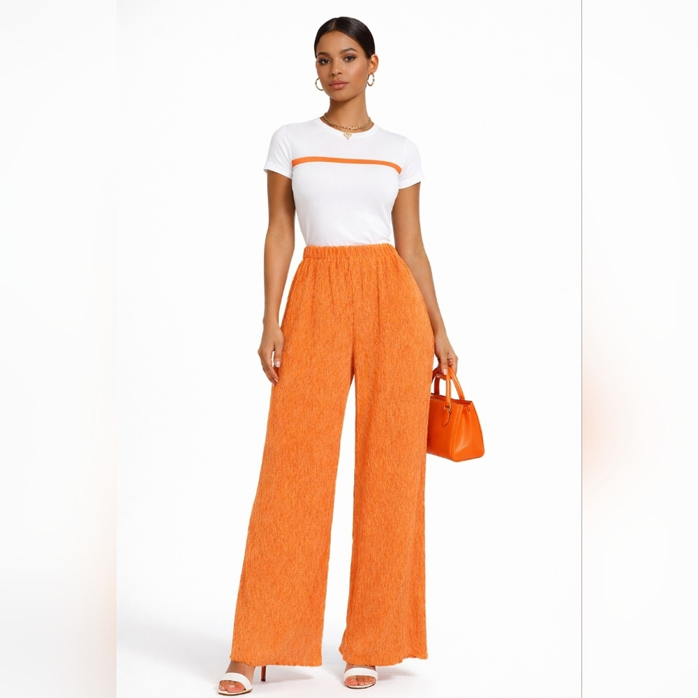 FORE Tangerine Textured Wide Leg Pants | Size S | High Waist Spring Summer